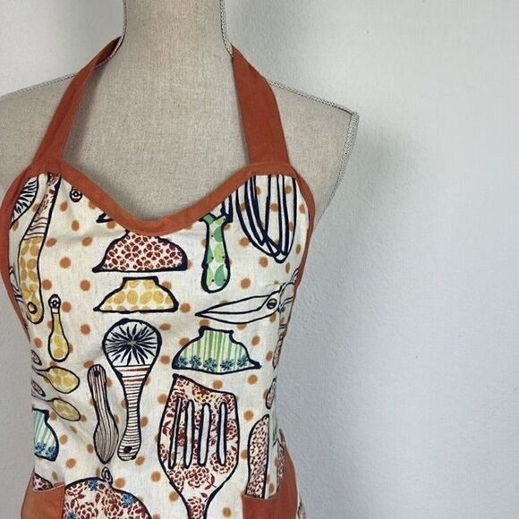Retro Women Orange & Cream Apron Kitchen Garden Pocket Adjustable Cotton Pinup - Picture 7 of 9
